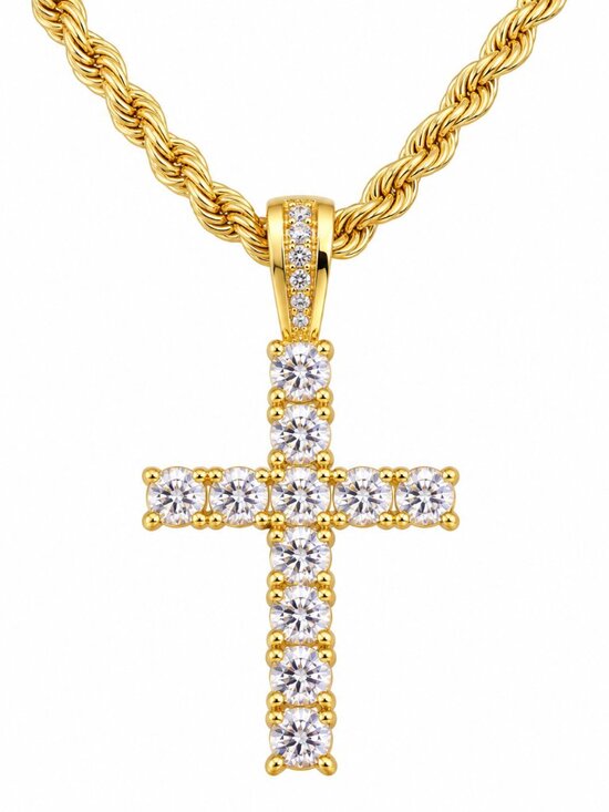Jewelry - Tennis Style CZ Cross Pendant Necklace 24" Rope Chain Gold Silver Men Women